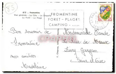 Fromentine — Vista geral — A Costa, A Capela, A Floresta, A Praia — F. Chapcau, editor Nantes — Verso
