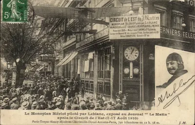 Monoplano Blériot pilotado por Leblanc — exposto no Jornal 'Le Matin' após o Circuito do Leste 1910 — editor J.H.