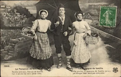Duas jovens e um homem sob um guarda-chuva — Types Catalans — n°3258