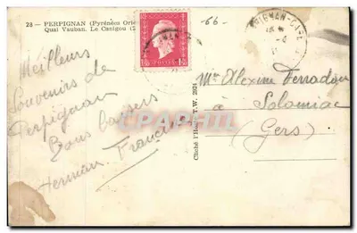 Perpignan — Quai Vauban, widok na Canigou — wydawca Chehé T.W. nr 28 — Rewers
