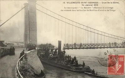 Villeneuve-Saint-Georges — Cheia do rio Sena, final de janeiro de 1910 — O rebocador 'La Mouette' realizando o resgate — Burat, editor, 4°