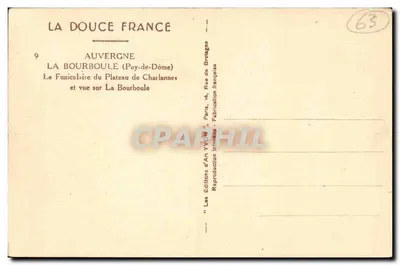 La Bourboule (Puy-de-Dôme) — Widok funikulera na Plateau de Charlannes i widok na La Bourboule — Wydawnictwo Art YVON — Rewers