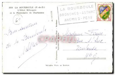 La Bourboule (P.-de-D.) — El Hotel Métropole y el Teleférico de Charlannes — Editor Elcé, n° 2558 — Reverso