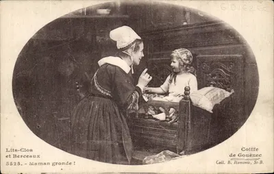 Maman gronde ! — scène de chambre — Coiffe de Gouézec, n° 5525