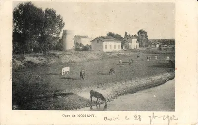 Estação de Nomeny — vista da estação e do paisagem com vacas — editor Thomasson