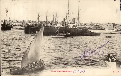 Porto de Alexandria — vista portuária com barcos a vela e navios — S.I.P.