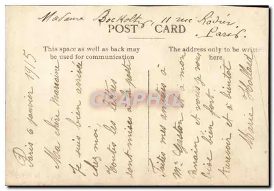 Mulher com capa de pele e chapéu — Paris — cartão postal datado de 1915 — Verso