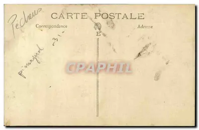 Dois homens e um cachorro — diante de uma casa — carta postal — Verso