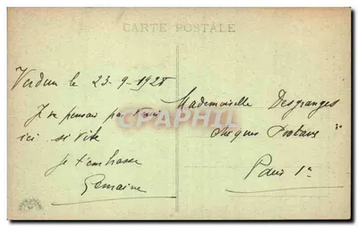 Verdun - O Bosque dos Caures — Monument erguido em homenagem ao Coronel Driant e seus caçadores — Bilhete postal antigo n°19 — Verso