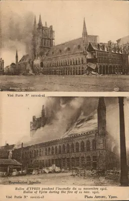 Salões de Ieper durante o incêndio do dia 22 de novembro de 1914 — Visé Paris N° 221114-23 e 221114-24 — Foto Antony, Ieper