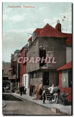 Fishmarket, Folkestone — vue de bâtiments en bois et de personnes — éditeur non identifié
