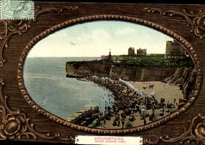 Broadstairs. Praia, olhando para o oeste. — Série 'Elite-Glazette' da Milton, número 9, Woolston Bros. — carimbo e obliteração de Broadstairs, Kent
