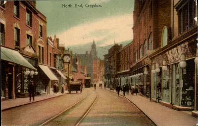 North End, Croydon — vista da rua com trem — editor R. & C. Durer Série