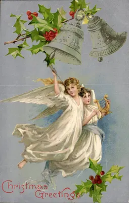 Anjos com sinos e hortênsias — Mensagem de Natal — Publicado por Wild A. Ravn, Londres, série 647