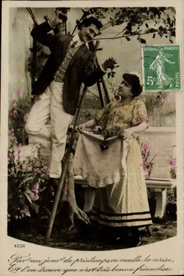 Jeune couple cueillant des cerises — scène de jardin — éditeur non identifié, n° 4034
