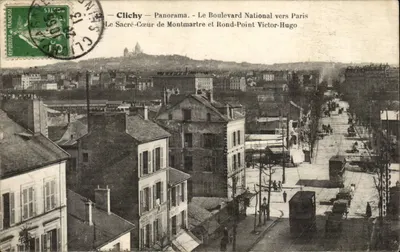Clichy — Panorama — O Boulevard Nacional em direção a Paris, o Sacré-Cœur de Montmartre e o Rond-Point Victor-Hugo
