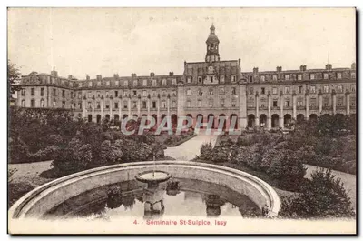 Seminário de São Sulpício, Issy — vista do edifício e da fonte — editor A. Gregor, Paris