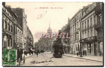 Roubaix - Rue de la Gare — trem e arquitetura — L. S., Hautmont (Nord)