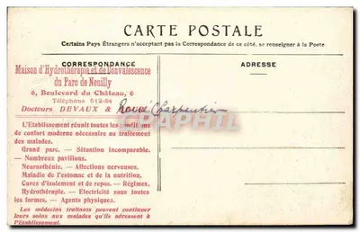 Casa de Hidroterapia e Convalescência do Parque de Neuilly, 6, Boulevard du Château — Grand Hôtel — Verso