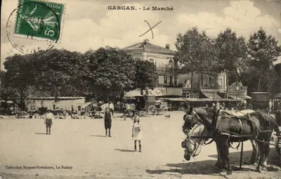 GARGAN - Le Marché — scène de marché avec chevaux et enfants, éditeur Collection Moquet-Portelance, Le Rainey