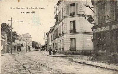 Montreuil - Rue de Rosny — vista de rua com trêm e tabac M. Roy — B.F., Paris