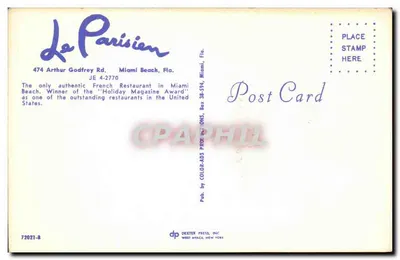 Le Parisien — Restauracja w Miami Beach — wydawca DEXTER PRESS, INC. — Rewers