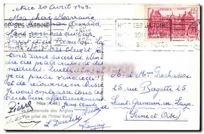 Widok z Promenady Anglików w Nicei — zdjęcie z Hotele Ruhl — wydawca A.M. (recto) / kartka pocztowa datowana 20 kwietnia 1949 — odbiorca w Saint-Germain-en-Laye (verso) — Rewers