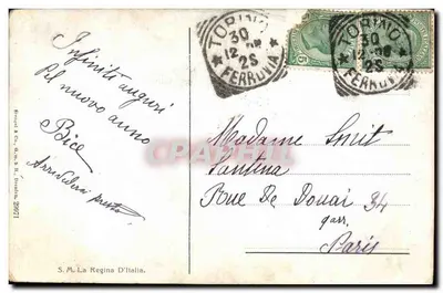Królowa Włoch — Portret w sukni z dentyli — wydawca S. M. La Regina D'Italia — Rewers