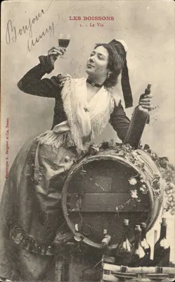 Mulher com barril de vinho — série 'As Bebidas' — Fototipia A. Bergeret e Cie, Nancy