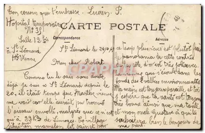 Groupe de soldats et infirmières — Hôpital temporaire n°35 à Saint-Léonard — Carte postale — Verso