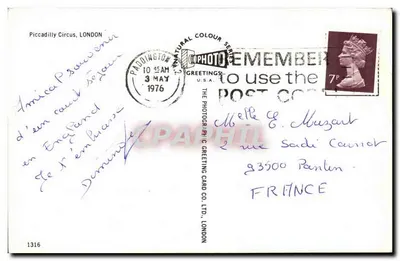 Piccadilly Circus — Londres — The Photographic Greeting Card Co. Ltd. n°1316 — Rewers