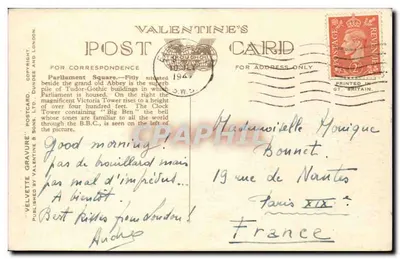 Parliament Square, Londyn — widok na Big Bena i Parlament — kartka pocztowa Valentine's n°82277 — Rewers