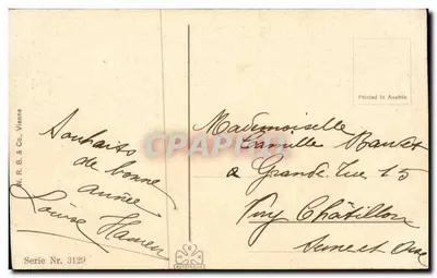 Prywatny krajobraz z pasterzem i owcami — wydawca W. R. B. & Co., Wiedeń, seria 3129 — Rewers