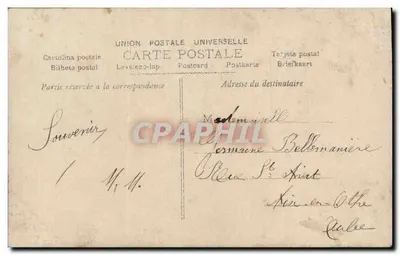 Menina pequena com buquê de flores — texto impresso 'Eu as dou com um grande beijo' — editor Union Postale Universelle — Verso