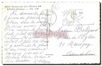 Hotel Restaurante Les Oliviers — Nyons (Drôme) — J. De-Raligny & P. Potgros — Verso