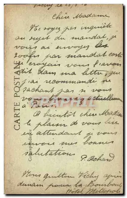 Vichy — O Pavilhão da Fonte dos Célestins — editor R.P.D. n° 3216 — Verso