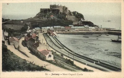 Jersey - Mont Orgueil Castle — view of the port and castle on the hill — unknown publisher, no. 54