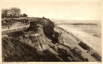 Bournemouth. West Cliff — vista panorâmica da falésia e da praia — editor Photochrom Wells, n° 47010