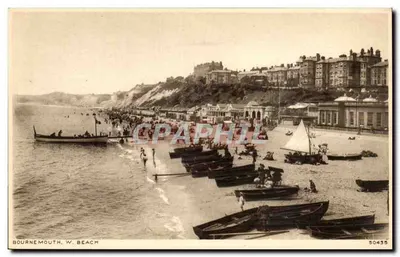 Bournemouth, W. Beach — vista da praia com barcos e passeios — Photochrome Walls & Co. Ltd., n° 50435