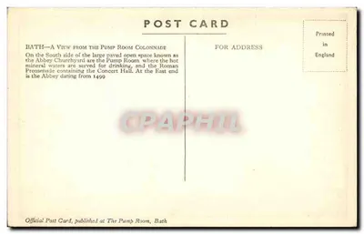 Bath, Uma Vista da Colunata da Sala das Águas — Carta Postal Oficial, publicada na Sala das Águas, Bath — Verso