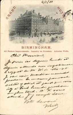 Grande Bretagne Great Britain Bilhete postal antigo Birmingham Grand hotel