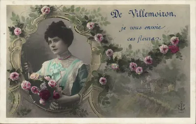 Mulher com buquê de rosas — De Villemoiron, envio-lhe estas flores — GJP, Paris