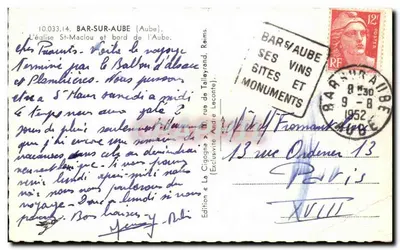 Bar-sur-Aube — Kościół św. Maclou i brzeg rzeki Aube — Wydawnictwo La Cigogne, ulica Talleyrand, Raims — Rewers