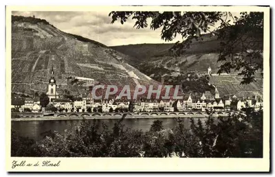 Zell a.d. Mosel — vista panorâmica do vilarejo e das colinas vinícolas — editor desconhecido, n° de série 12.79