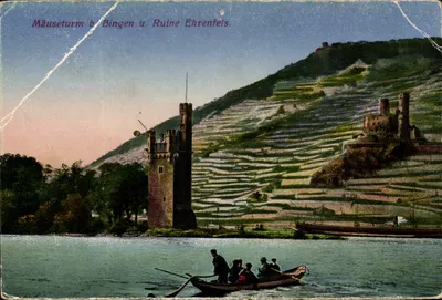 Mäuseturm perto de Bingen e Ruína Ehrenfels — visão do rio Reno com vinhedos em terraços — editor não identificado
