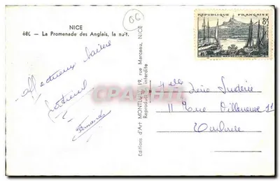 Niza — La Promenade des Anglais, de noche — Ediciones d'Arte Montluïet — Reverso