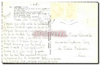 Antibes — Vista geral da cidade, o Forte Carré e as alturas ao longe, Nice — Edição aérea J. Cellard — Verso