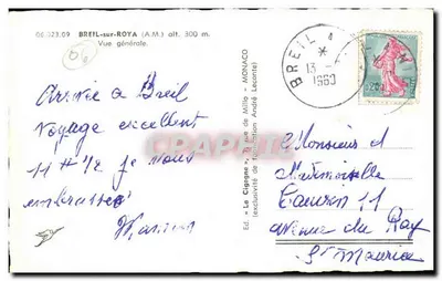 BREIL-sur-ROYA — Vista geral — Éd. « La Cigogne », rua de Millau, Mônaco (André Leconte) n° 06.023.09 — Verso