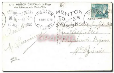 Menton — Plaża Sablettes i Stare Miasto — Wydawnictwo La Cigomaldi, nr 1715 — Rewers