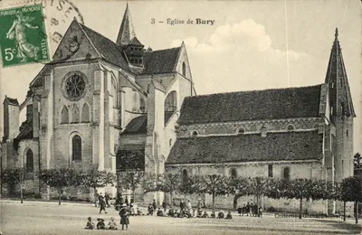 Igreja de Bury — vista do edifício com torre e vitral rosa — Coleção Grégoire Deroberge